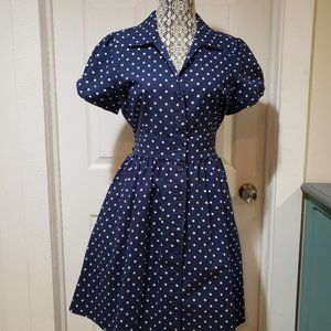 Fervour Blue with White Dot Pattern Button Up Dress with Waist Tie